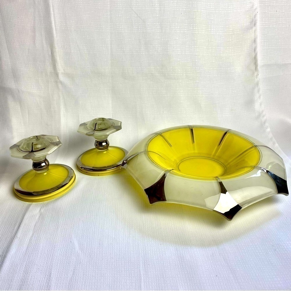 Indiana Glass Moderne Classic Rare Vintage Large Bowl & Pair of Candlesticks